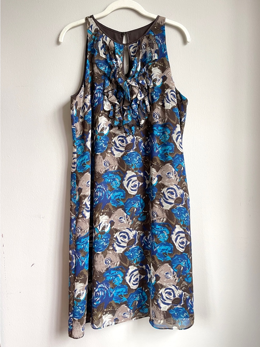 Ann Taylor Y2K Blue & Brown Floral Ruffle Midi Dress with Keyhole